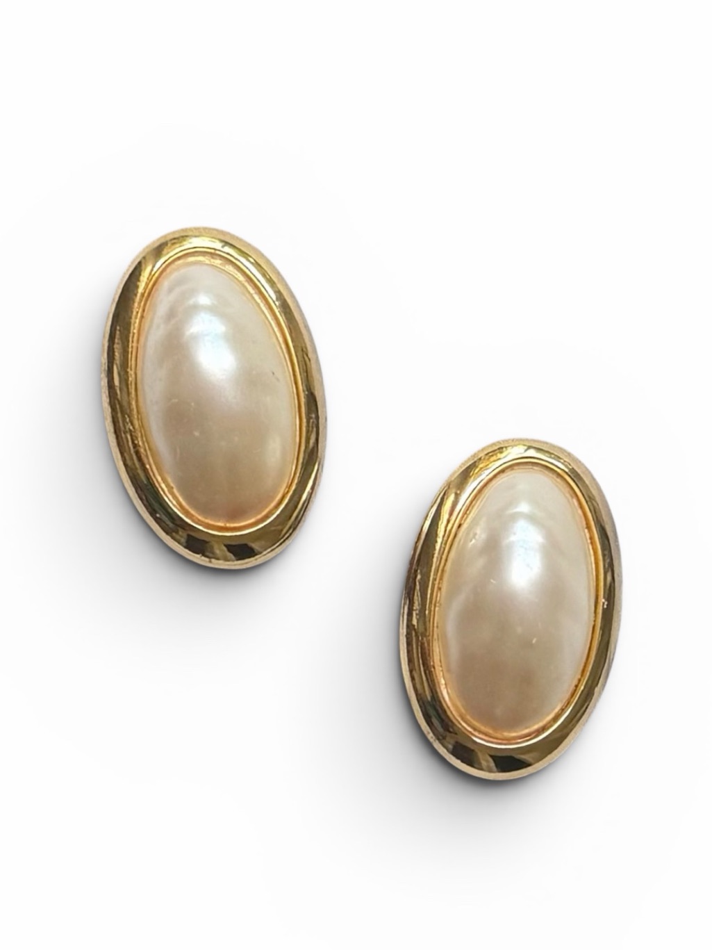 Vintage Goldtone Large Oval Faux Pearl Earrings